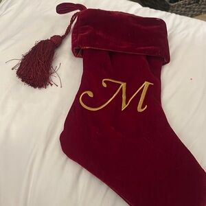 Red Velvet Christmas Stocking with Gold “M” Initial